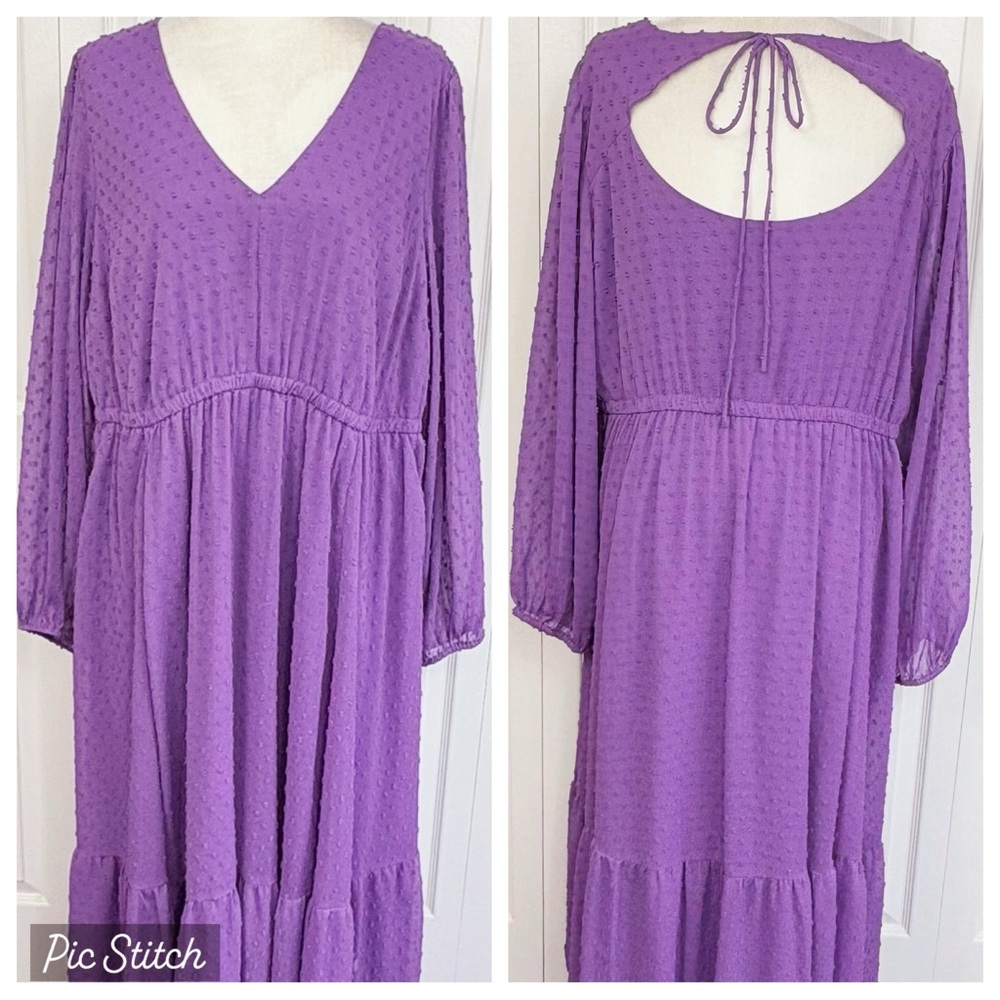 Torrid Purple Swiss Dot Sheer Long Sleeve High Waist Tiered Midi Dress 2X